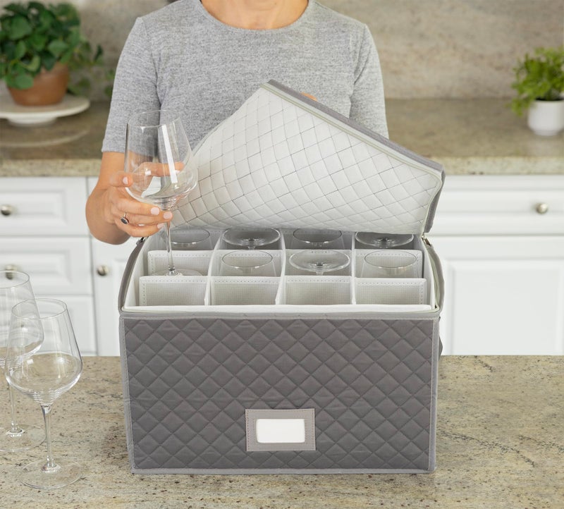 StackStorePlusMore Stack Store Plus More Stemware Storage Case - Holds 12 Wine Glasses or Crystal Glassware with Label Holders and Fully Padded Inside - 16" x 13" x 10"H - Gray - Hard Sides and Stackable - Image 4